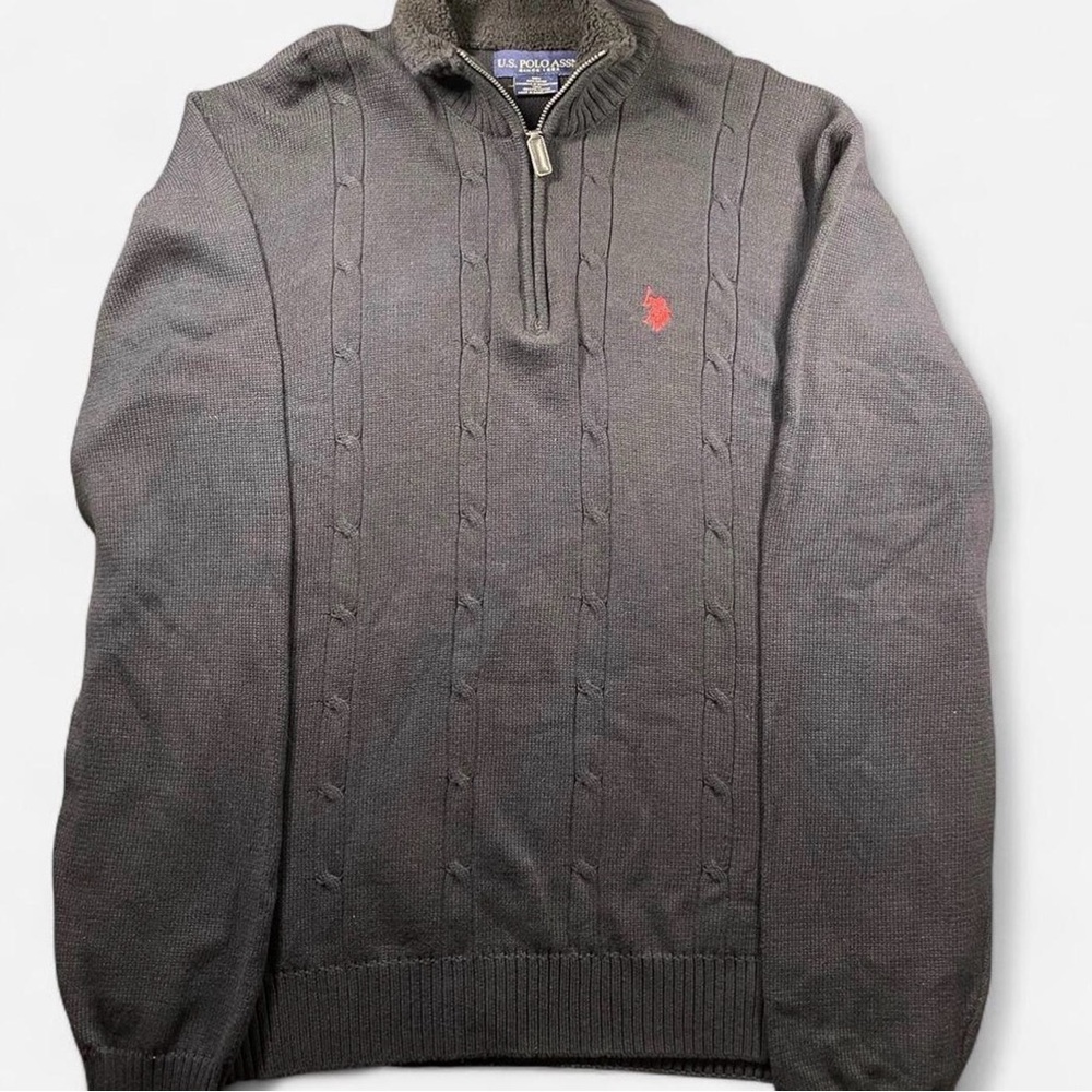 U.S. Polo Assn. U.S. Black Cable Knit Pullover Sweater w/ Fleece Lined Collar